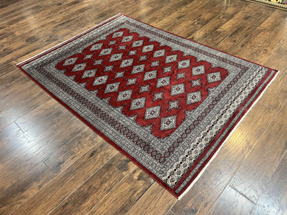 Pakistani Bokhara Rug 6x8, Fine Turkoman Carpet, Wool Handmade Vintage, Red, 6 x 8 Medium Sized Rug, Turkmen Rug