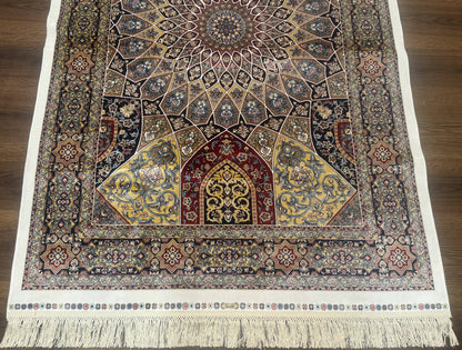 Turkish Silk Rug 4x6, Dome Design, Memluk Carpet, Bamboo Silk, New