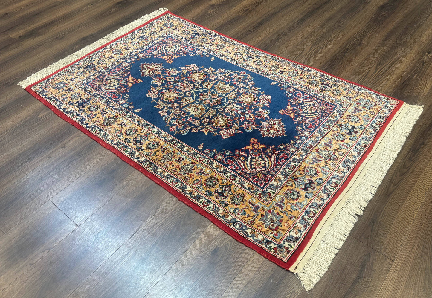 Blue Persian Qum Rug 3.6 x 5, Floral Medallion, Fine 310 KPSI