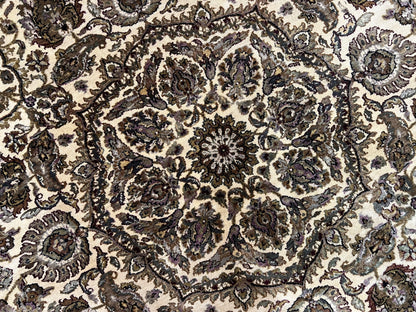 Round Indo Persian Rug 8x8 ft, Large Hand Knotted Vintage Wool Circular Carpet, 8ft Round Oriental Rug, Floral Medallion, Cream and Green