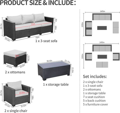 Six Piece Outdoor Wicker Furniture Set With Grey Cushions