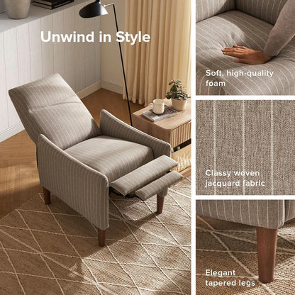 Arthur Mid Century Recliner Chair With 3 Positions Taupe Stripe Jacquard