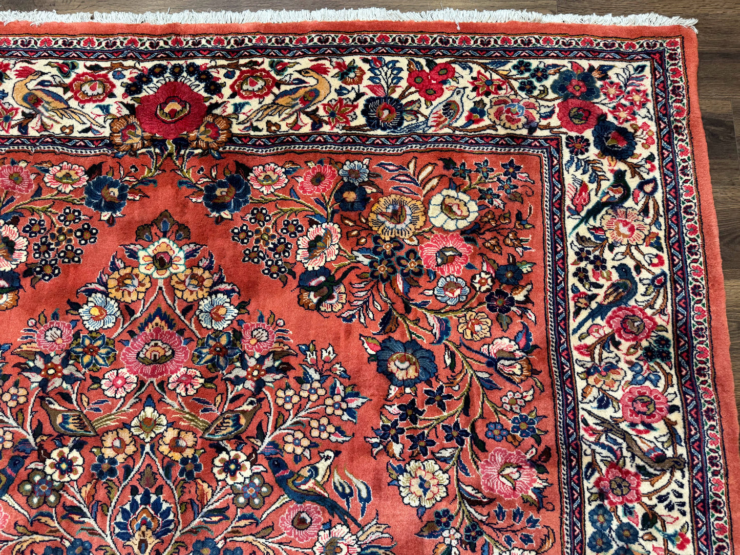 Persian Sarouk Rug 7x10, Red and Ivory, Floral Bouquets, Birds