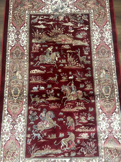 Turkish Silk Rug 3x5, Hunting Design, Dark Red & Ivory, Bamboo Silk, New