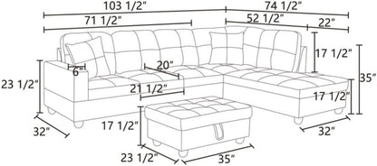 L Shaped 3 Piece Flannel Sofa With Storage Ottoman Grey