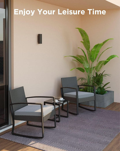 3 Piece Rattan Rocking Bistro Set With Coffee Table Outdoor Patio Furniture Grey Cushions