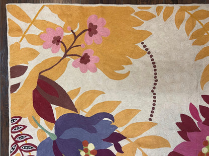 Indian Chain Stitched Rug 4x6, Hand Stitched Indian Embroidery Carpet, Large Floral Design, Contemporary, Cream and Colorful Flowers, Wool