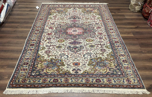 Turkish Sivas Rug 7x9, Vintage Wool Hand-Knotted Carpet, Ivory Cream Purple Tan, Floral Medallion Rug, Fine Oriental Carpet, Medium Size Rug