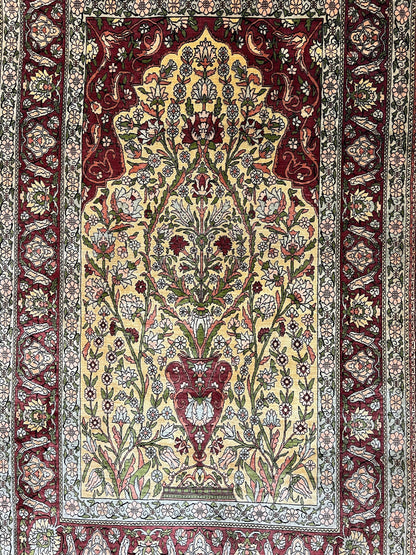 Wonderful Silk Turkish Hereke Prayer Rug 2.8 x 4.5, Tree of Life Design, Signature from Master Weaver, Gold and Burgundy, Handmade, 625 KPSI