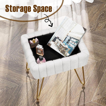White Faux-Fur Vanity Stool With Premium-Grade Stowable-Storage
