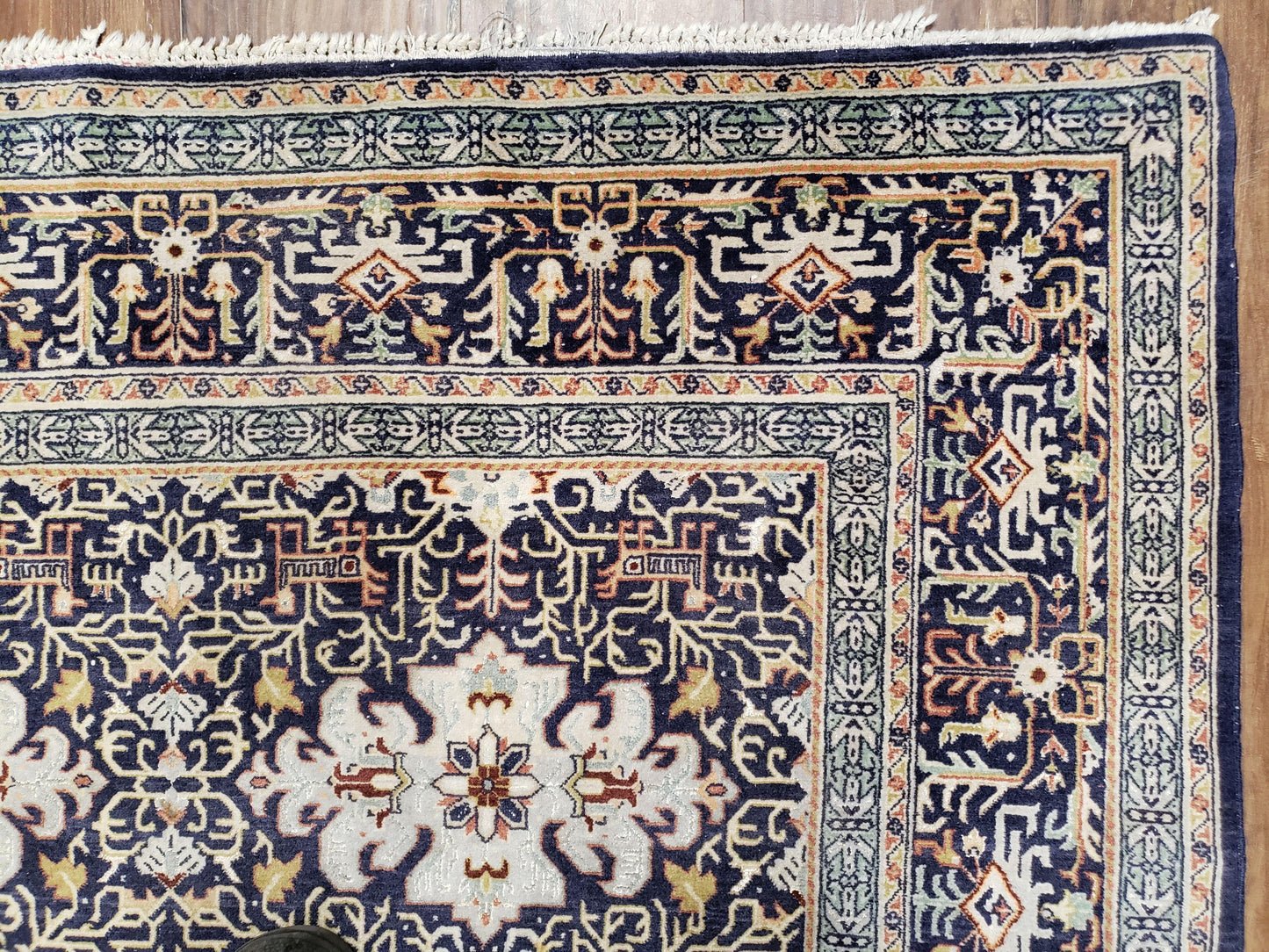 Semi-Antique Persian Kashan Rug, Midnight Blue & Ivory, Hand-Knotted, Wool, 4' 8" x 7' 4", Pair A