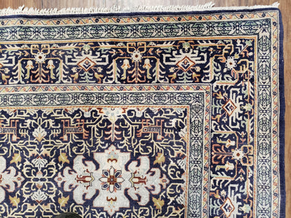 Semi-Antique Persian Kashan Rug, Midnight Blue & Ivory, Hand-Knotted, Wool, 4' 8" x 7' 4", Pair A