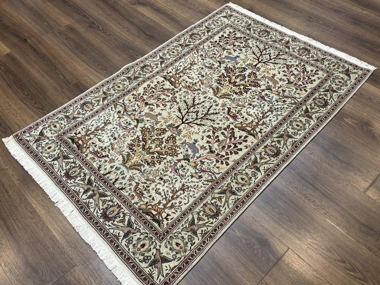 Wonderful Persian Tabriz Rug 3x5, Tree of Life, Animal Pictorials, Birds, Wool & Silk Highlights, Fine 330 KPSI