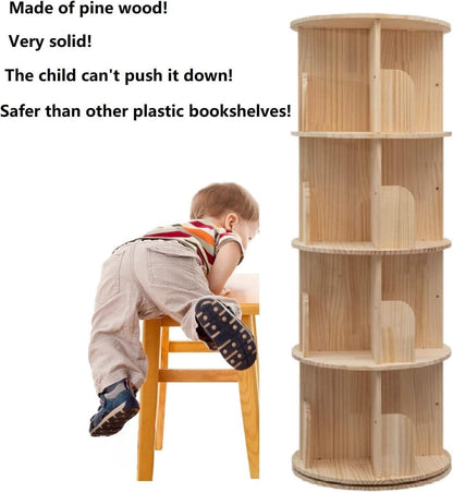 Rotating Bookshelf 360 Display 4 Tier Bookcase Solid Wood