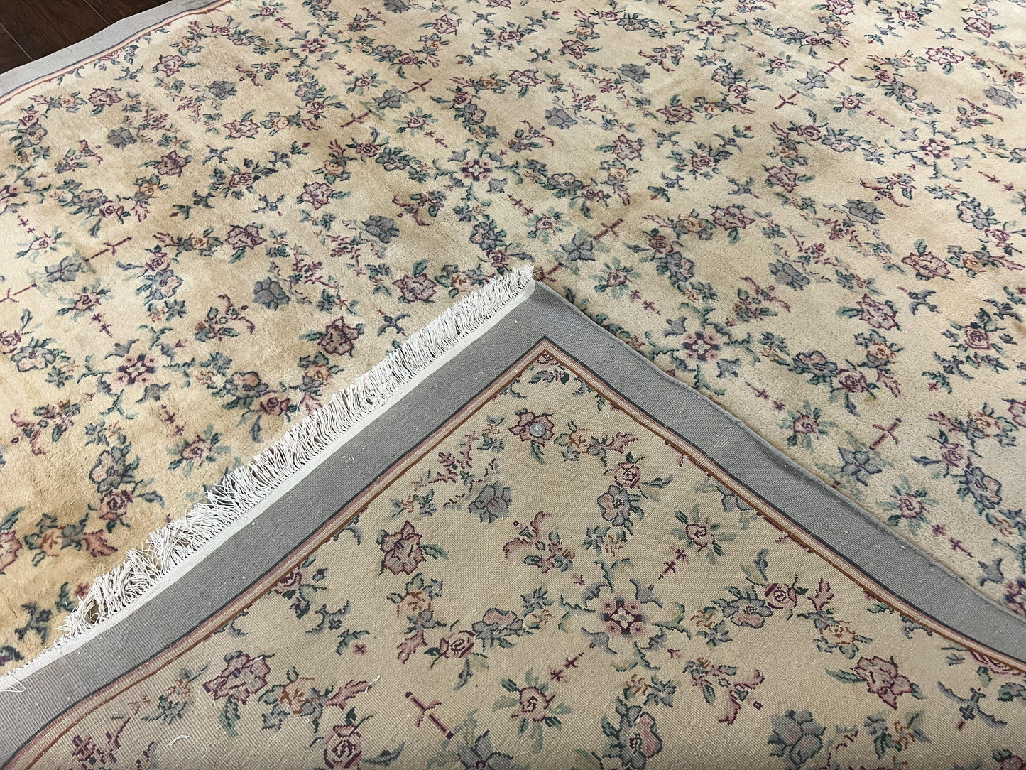 Sino Persian Rug 8x10, Floral, Oatmeal and Light Teal, Handmade Wool Vintage Carpet