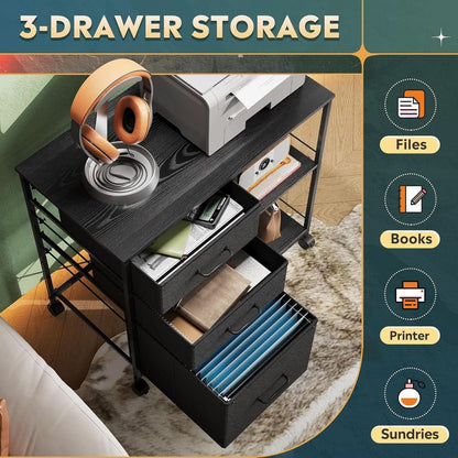 3 Drawer Mobile File Cabinet With Rolling Printer Stand And Open Storage Shelf For A4 Or Letter Size In Black