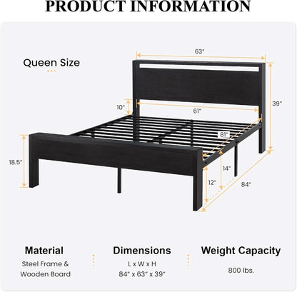 Queen Metal Platform Bed Frame With Storage Black Oak