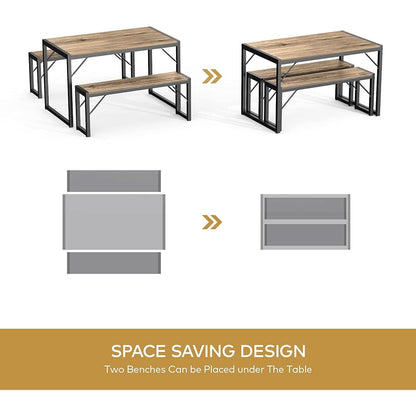 Dining Table Set For 4 With 2 Benches Gray Finish Modern