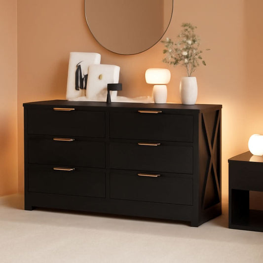 Contemporary Black 6 Drawer Dresser With SoftClosing
