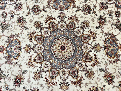 Sino Persian Square Rug 5x5, Very Fine Oriental Carpet, Wool & Silk Highlights, Ivory, Hand Knotted Handmade Vintage Traditional Rug