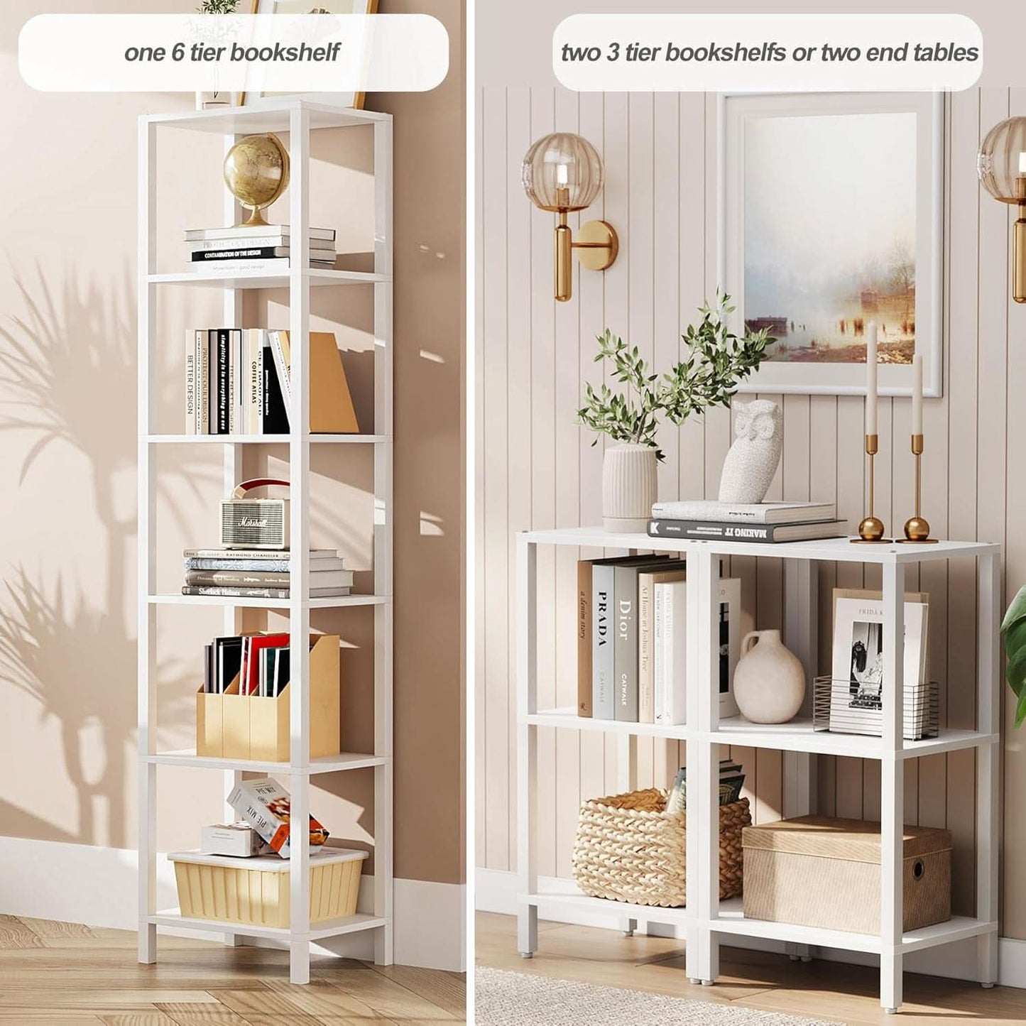 Six Tier Tall White Bookshelf For Small Spaces Living Room