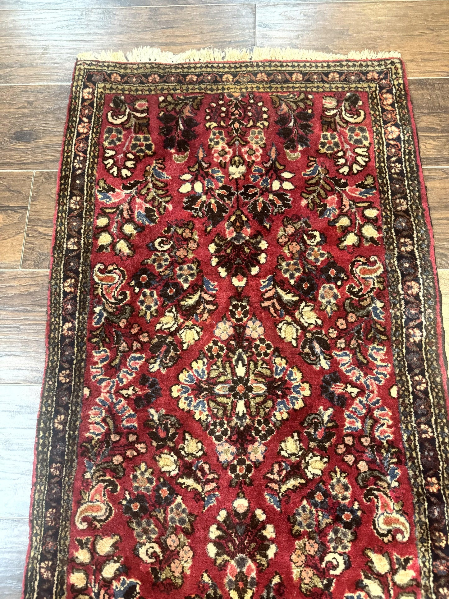 Small Persian Sarouk Rug 2x4, Floral, Red Hand Knotted Wool Traditional Oriental Carpet, Antique Persian Rug 2 x 4
