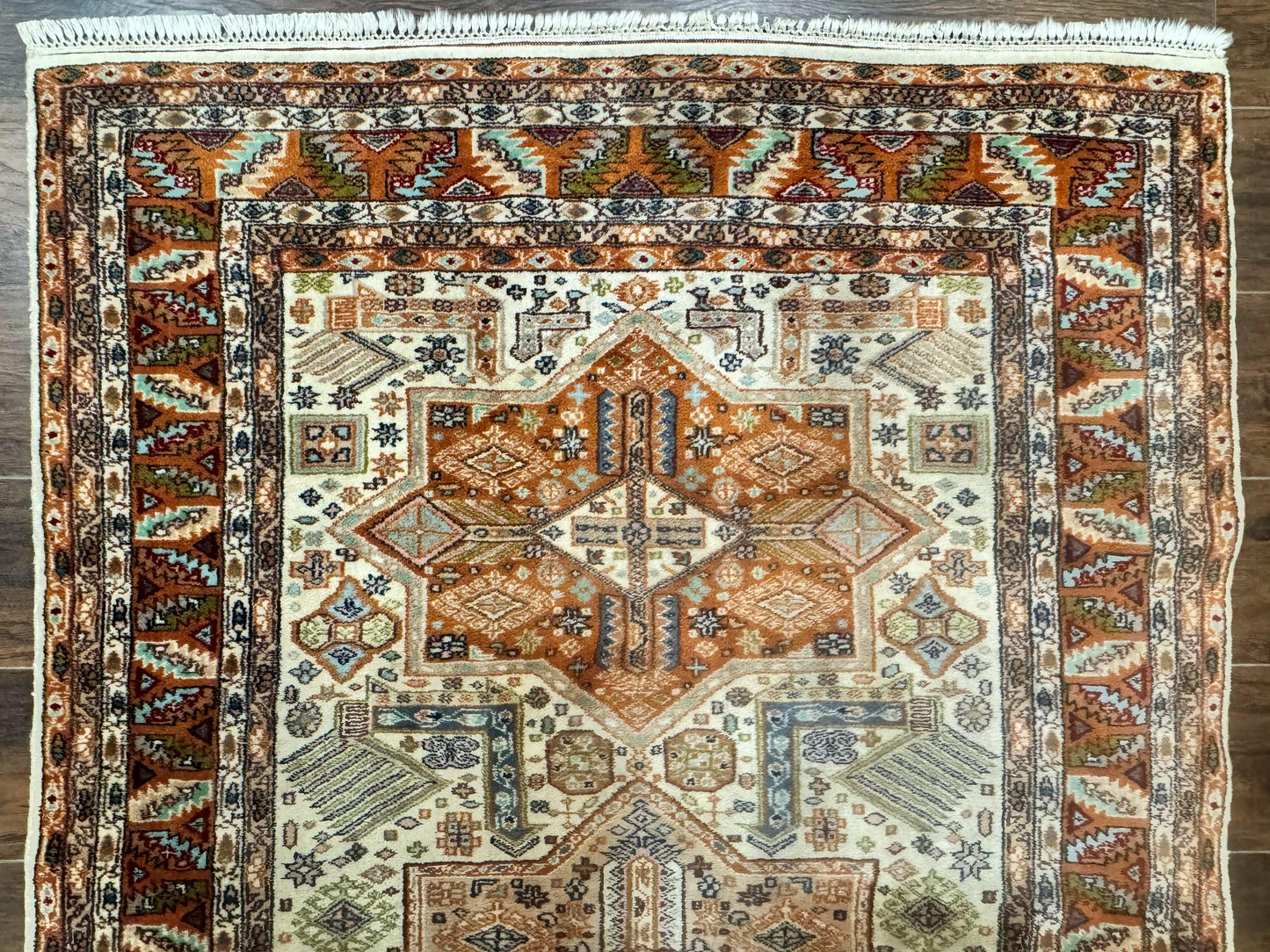 Turkish Kazak Rug 4x6, Geometric Medallions, Vintage Handmade Wool Carpet