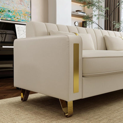 86 Inch Loveseat Sofa Set With Gold Metal Legs Beige Velvet Upholstery For Living Room