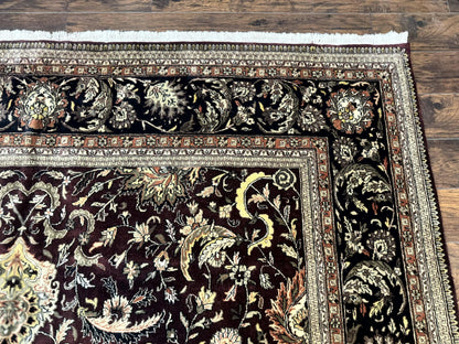Indo Persian Rug 10x14, Floral Allover, Handmade Vintage Wool Rug, Dark Maroon/Plum and Black