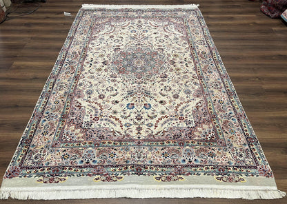 Beautiful Pak Persian Rug 6x9, Floral Medallion, Wool and Silk, Highly Detailed Elegant Carpet, Vintage Oriental Rug 6 x 9, Cream and Gray