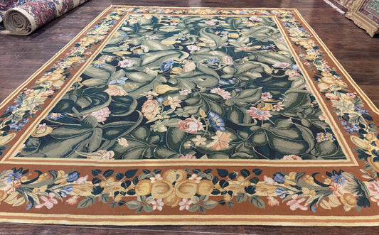 Needlepoint Rug 8x10, Vintage, Handmade, Wool, Green, Leaves & Fruits