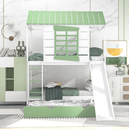 Bunk Bed Twin Over Twin With Slide And Trundle White Green