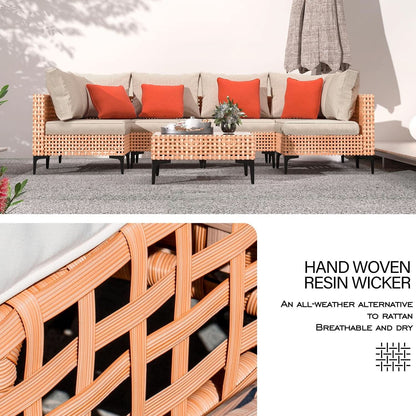 5 Piece Outdoor Patio Set Salmon Orange Wicker Sectional