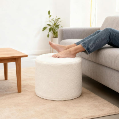 Round Ottoman Foot Rest 17x17x14 White Boucle Fabric