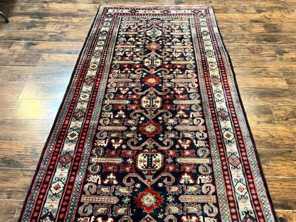Persian Wide Runner Rug 4.8 x 10, Persian Kalegi Ardabil Rug, Perpedil Caucasian Rug, Antique Handmade Wool Carpet, Navy Blue Red, Tribal Rug