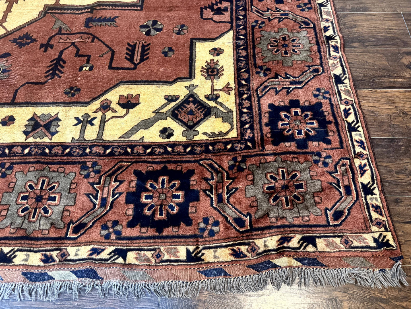 Afghan Heriz Rug 9x12, Tribal Geometric Serapi Carpet, Rust Cream and Navy, Wool on Wool