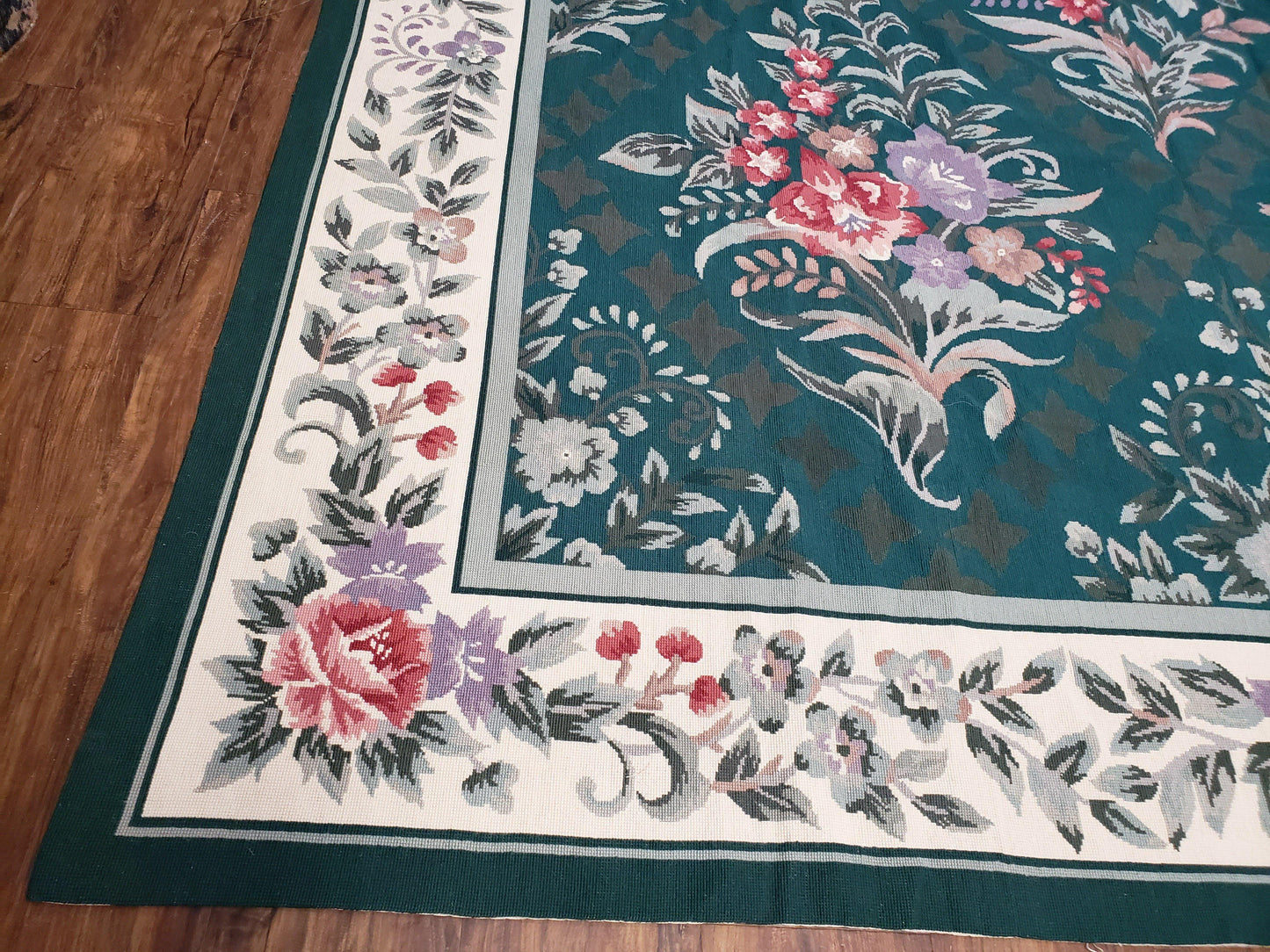 Chinese Needlepoint Rug 8x10, Vintage Green Area Rug, Hand-Woven Flatweave Floral European Design Carpet Wool Handmade 8x 10 Living Room Rug