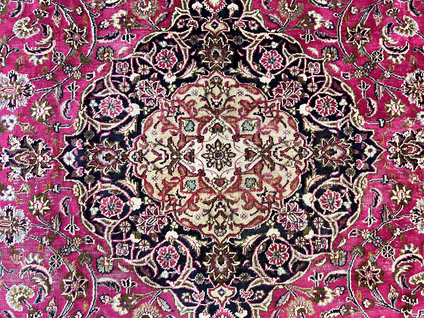 Persian Rug 10x13, Wool Hand Knotted Antique Kashmar Carpet, Raspberry Red & Navy Blue, Floral Medallion, Traditional Oriental Rug 10 x 13