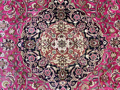 Persian Rug 10x13, Wool Hand Knotted Antique Kashmar Carpet, Raspberry Red & Navy Blue, Floral Medallion, Traditional Oriental Rug 10 x 13