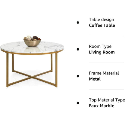 Round Coffee Table With Faux Marble Top Cross Leg Design