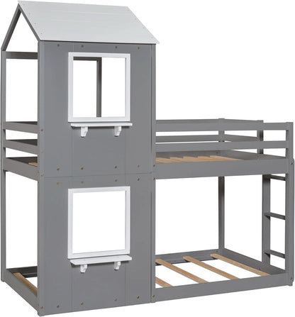 Twin Over Twin House Bunk Bed With Roof And Ladders Grey
