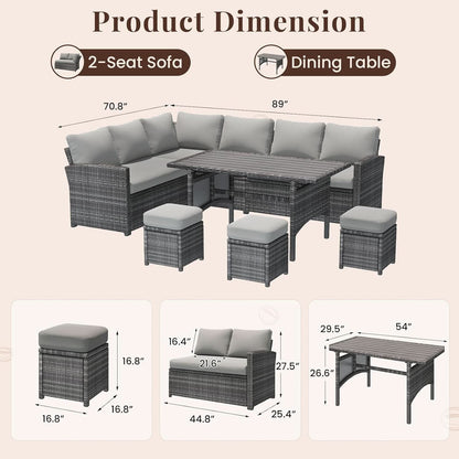 7 Piece Outdoor Patio Sectional Set All Weather Wicker Grey Cushions