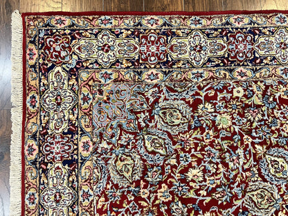 Persian Rug 7x10, Kirman Oriental Carpet 7 x 10 ft, Hand Knotted Wool Floral Medallion Semi Antique Persian Rug, Dark Red Light Blue Vintage