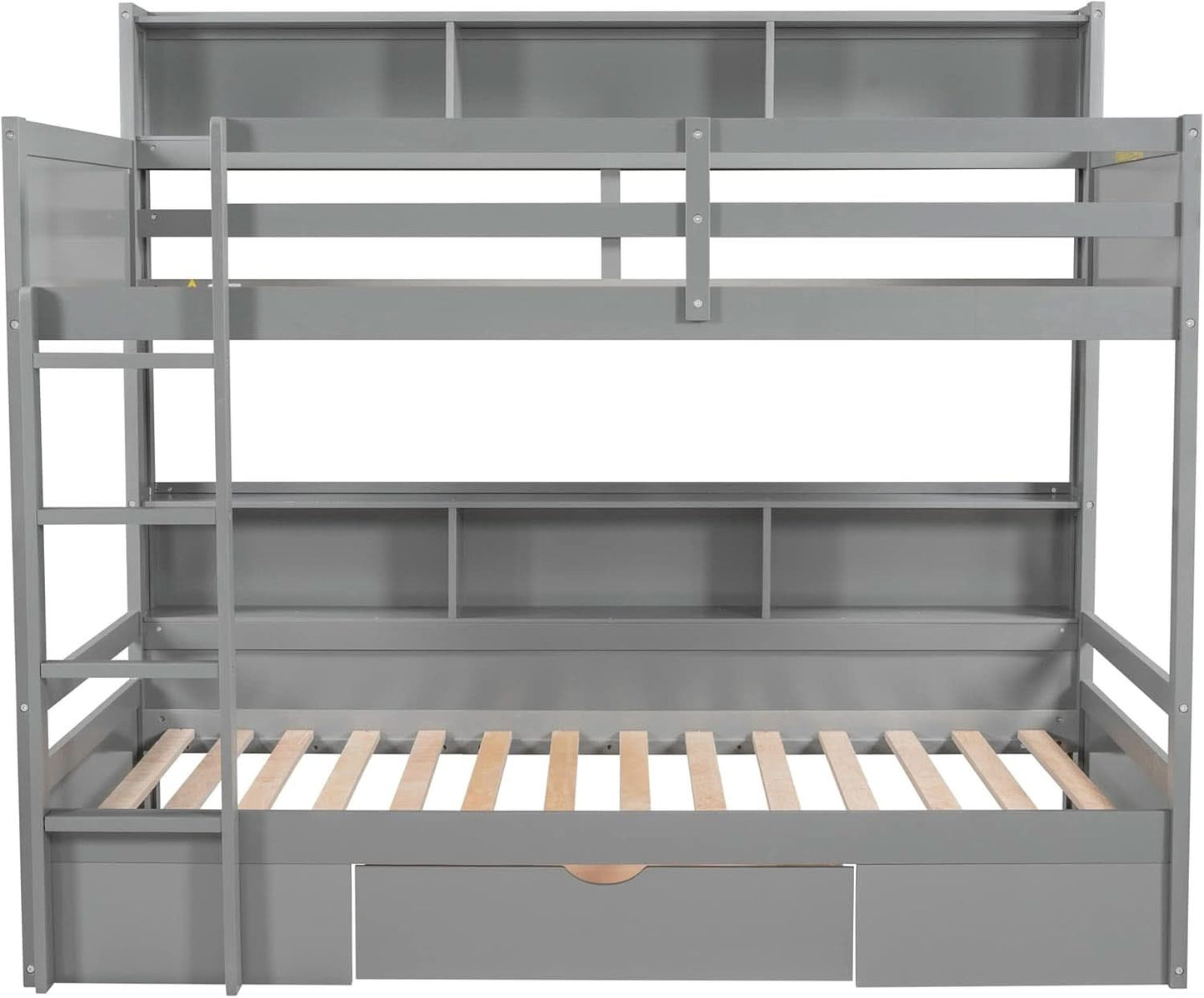 Gray Twin Over Twin Bunk Bed With Storage Drawers Shelves