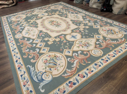Aubusson Rug 9x12, Muted Sage Green and Cream, European Design