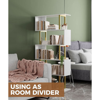 Gold 5 Tier S Shaped Wooden Bookcase For Living Room