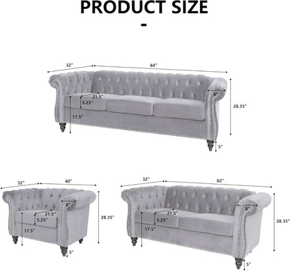 Three Piece Living Room Sofa Set Grey Velvet Chesterfield Sofa Club Chair Loveseat Nailhead Trim