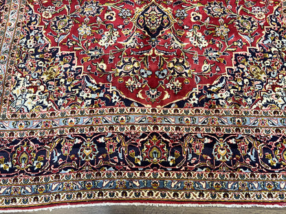 Persian Kashan Rug 9x12, Red Navy Blue, Allover Floral Medallion & Corner Design, Handmade Wool Oriental Carpet, Semi Antique Traditional Carpet