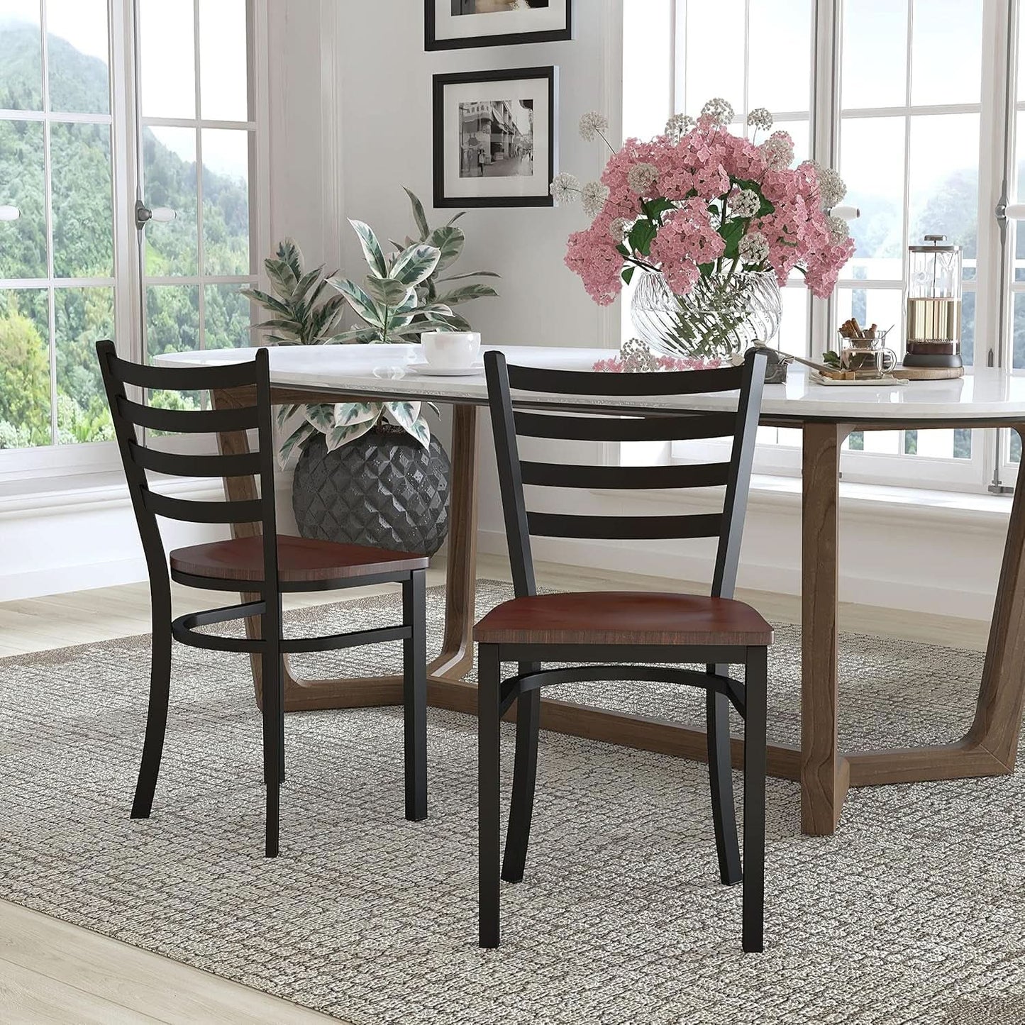 2 Pack Hercules Series Black Ladder Back Metal Dining Chair With Mahogany Seat For Restaurants
