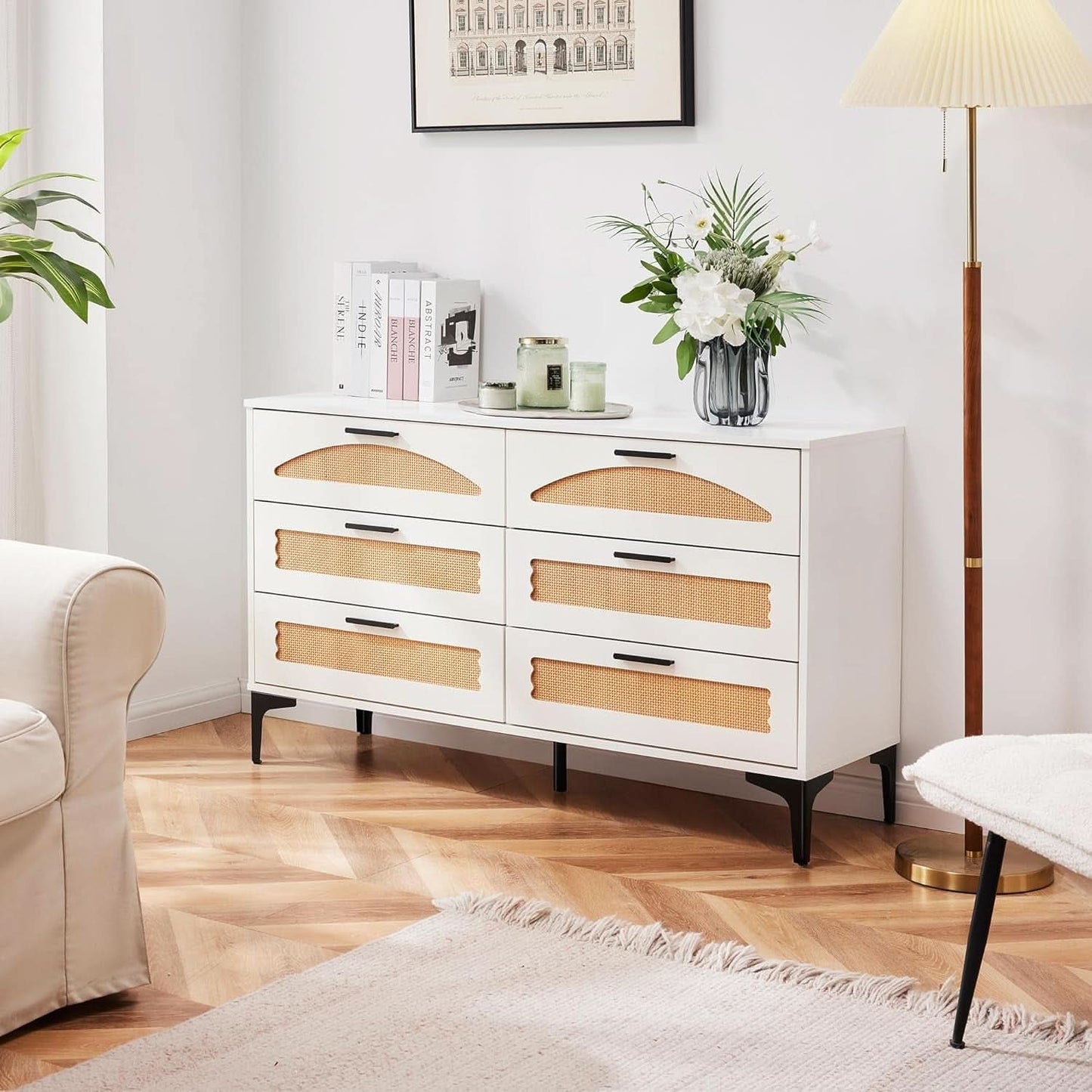 Six Drawer White Dresser With Industrial Steel Base